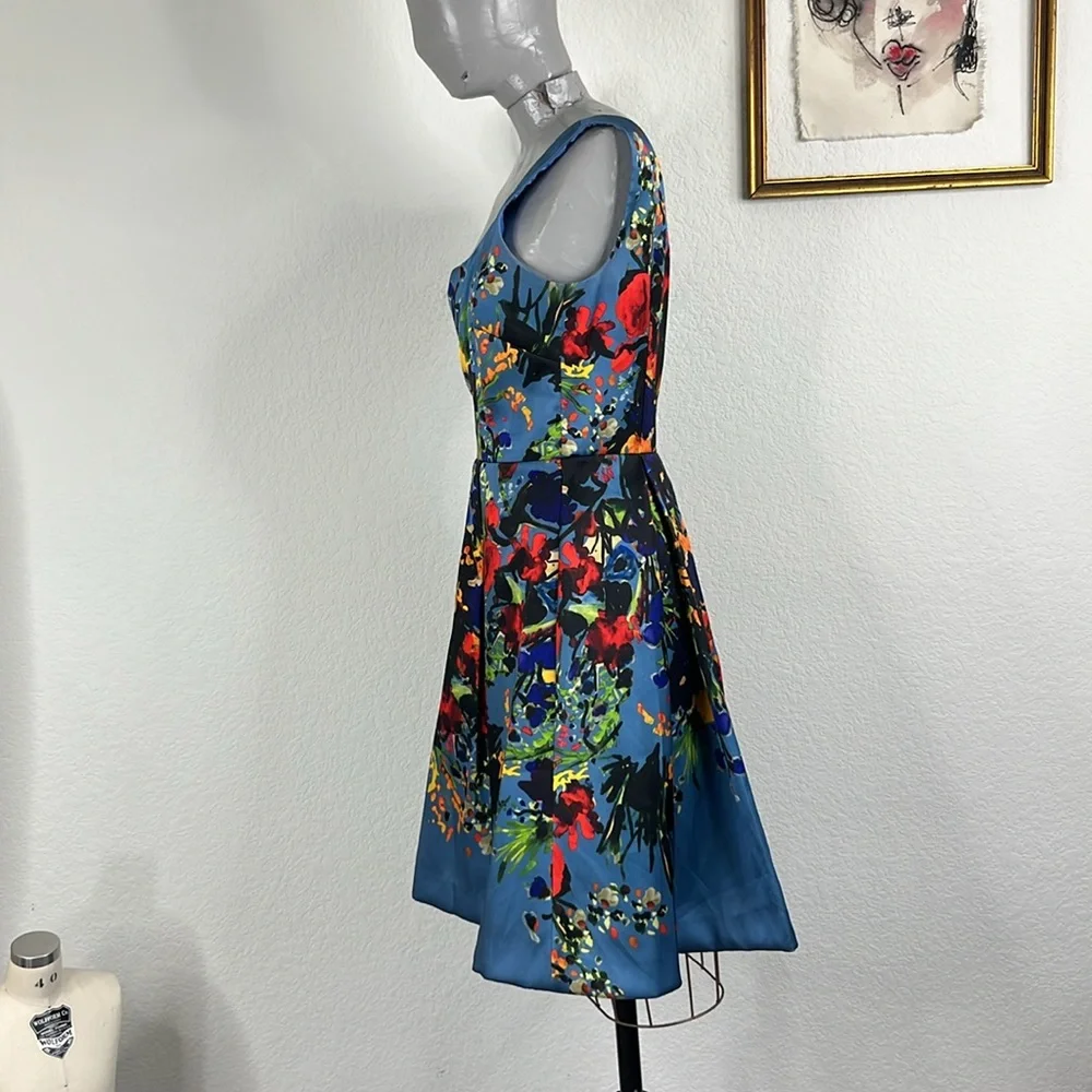 David Meister Blue Floral Fit Flare Sleeveless Scoop Neck Party Dress - Picture 5 of 11